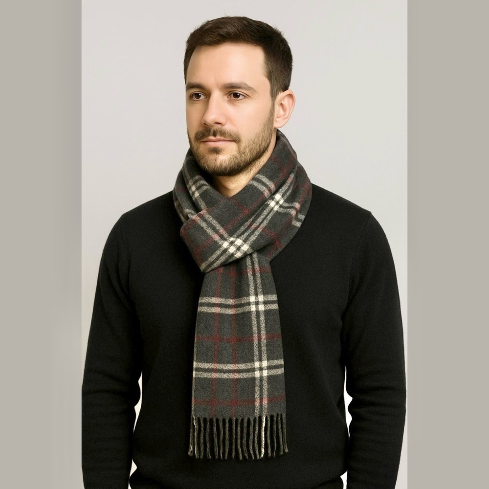 Valentini 100% Wool Grey Tartan Plaid Scarf OS
